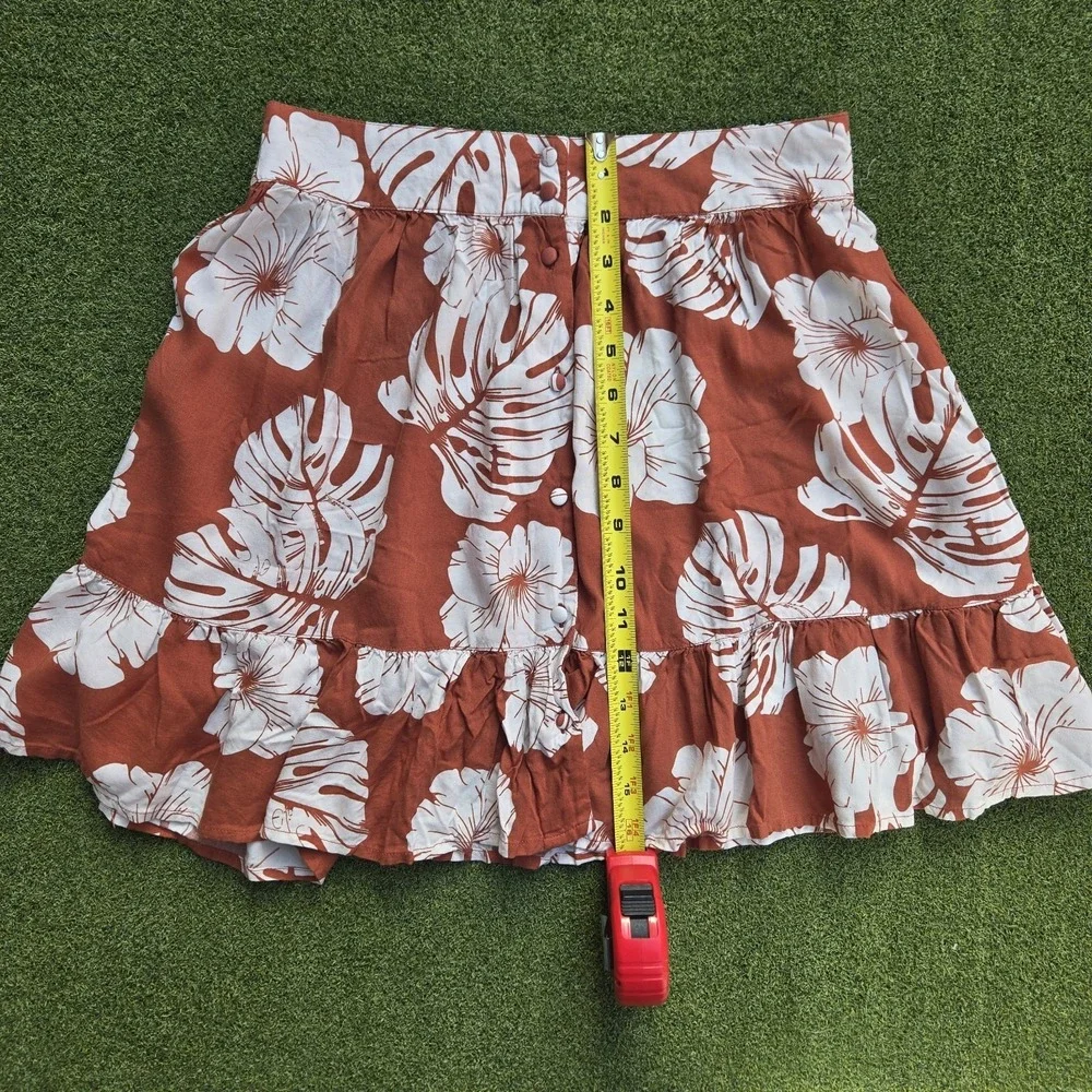 Women High Waisted Floral Mini Skirt Rust Orange white S - Picture 5 of 12